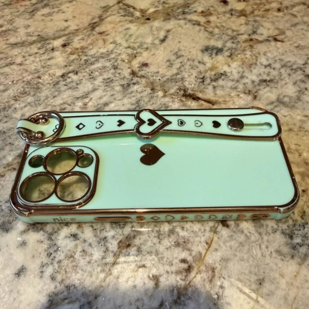 iPhone 13 Pro Mint Green & Gold Heart Phone Case with stand and ring attachments - Picture 6 of 9